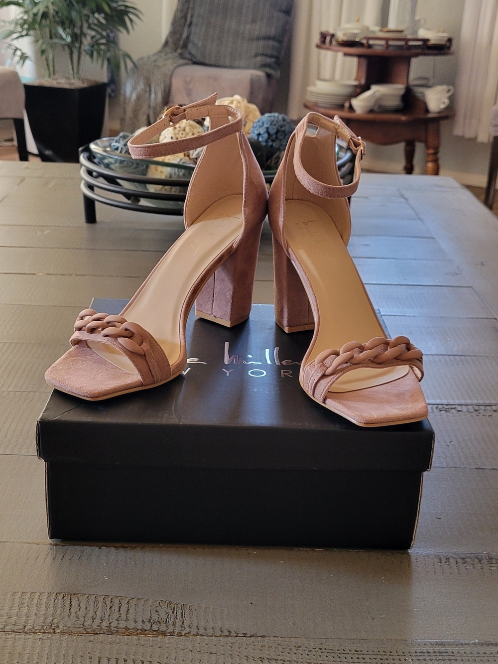 Nicole Miller Braided Strap Block Heel Sandals in Dusty Rose